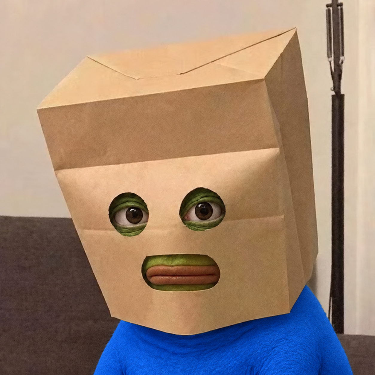ANONYMOUS PEPE character: frog eyes in a crumpled paper bag